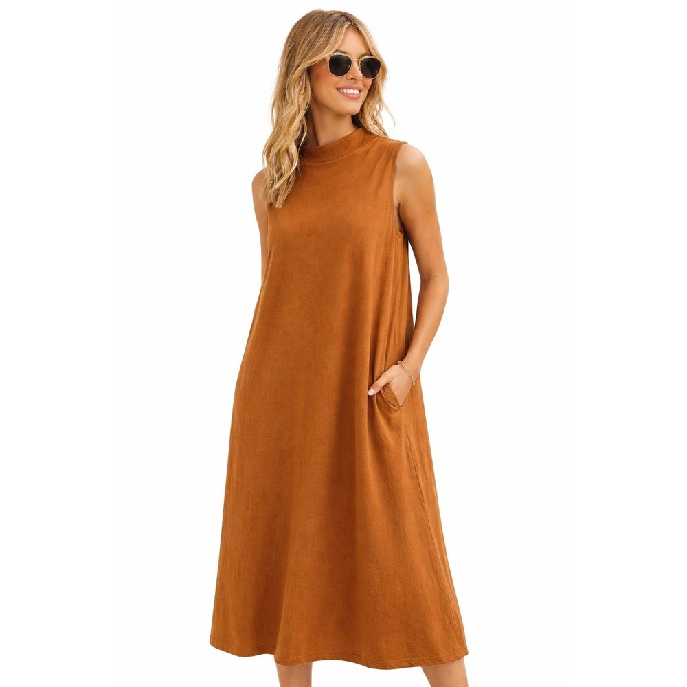 Velvet by Graham & Spencer 2X Rust Orange Lagenlook Mock Neck Cotton Midi Dress